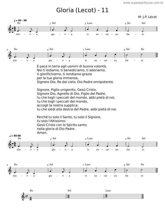 Partitura da música Gloria – J. P. Lécot