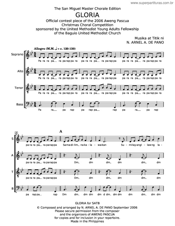 Partitura da música Gloria – N. Arnel;A. De Pano
