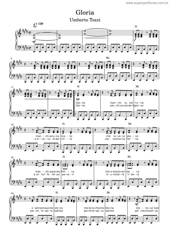 Partitura da música Gloria – Umberto Tozzi