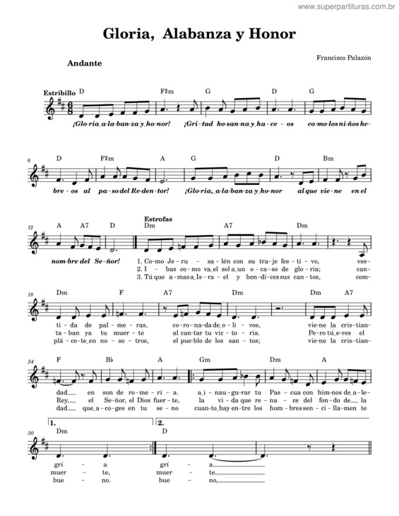 Partitura da música Gloria, Alabanza Y Honor – Francisco Palazón