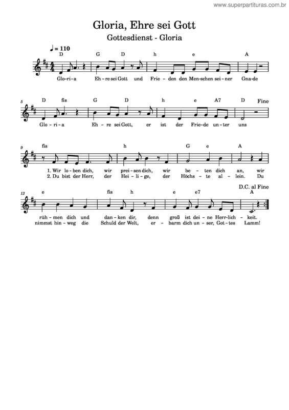Partitura da música Gloria, Ehre Sei Gott