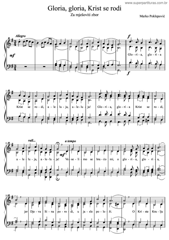 Partitura da música Gloria, Gloria, Krist Se Rodi