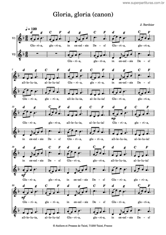 Partitura da música Gloria, Gloria