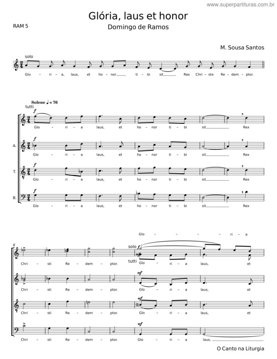 Partitura da música Gloria, Laus Et Honor – M. Sousa Santos