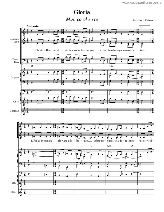 Partitura da música Gloria –Misa Coral En D–