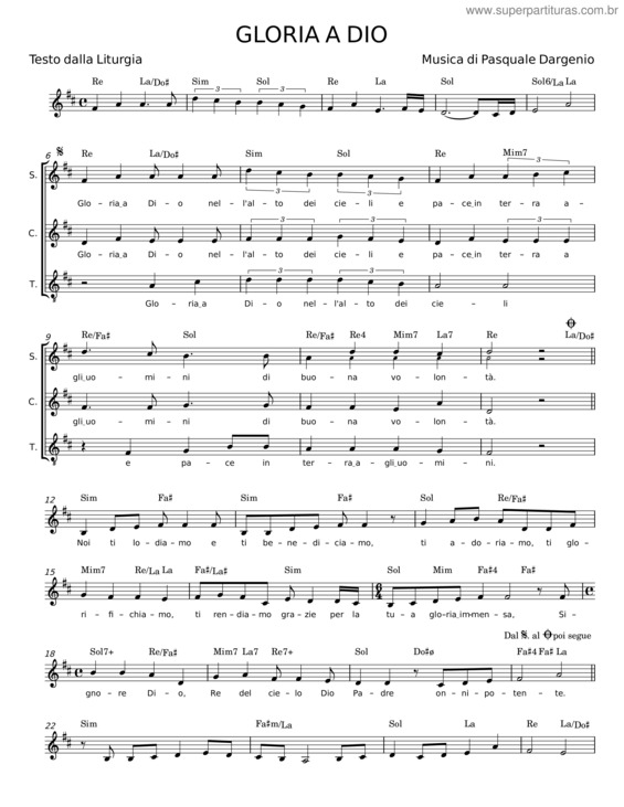 Partitura da música Gloria A Dio – Pasquale Dargenio