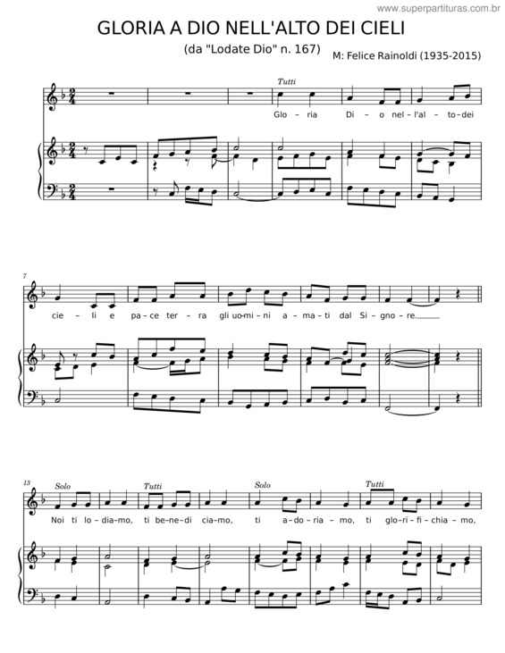 Partitura da música Gloria A Dio Nell`Alto Dei Cieli – Felice Rainoldi