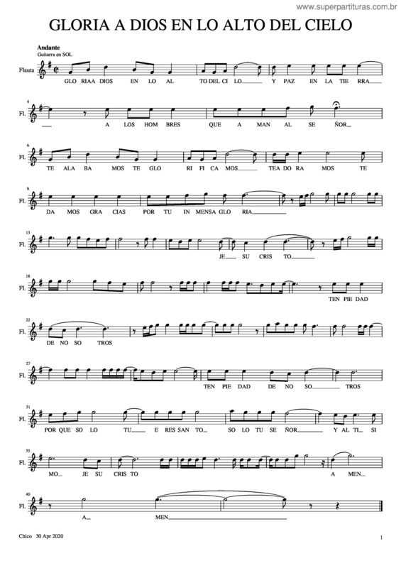 Partitura da música Gloria A Dios En Lo Alto Del Cielo En Sol