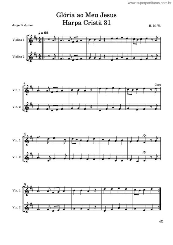 Partitura da música Glória Ao Meu Jesus Harpa Cristã 31