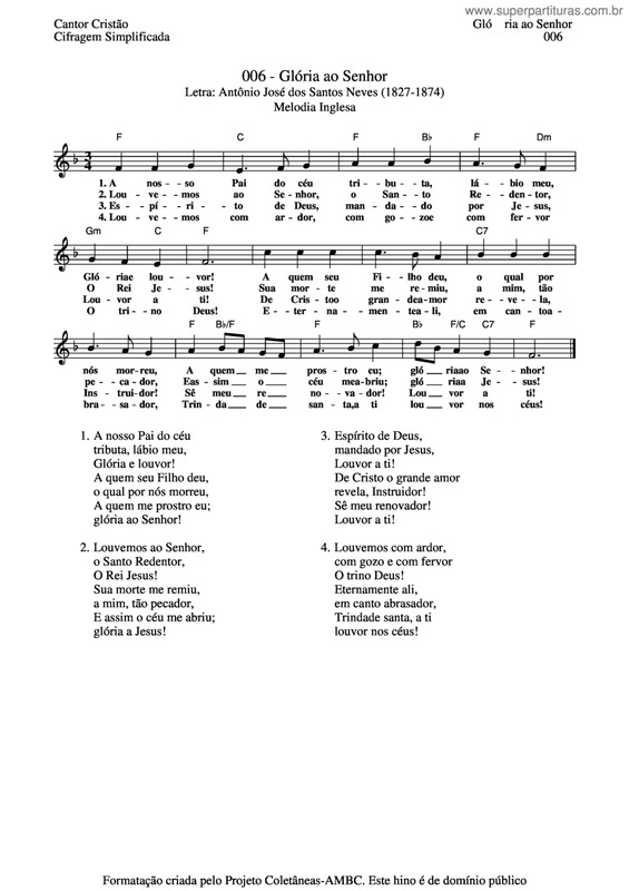 Partitura da música Glória Ao Senhor v.2