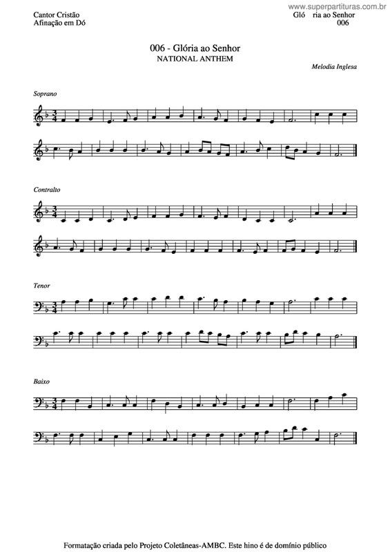 Partitura da música Glória Ao Senhor v.3