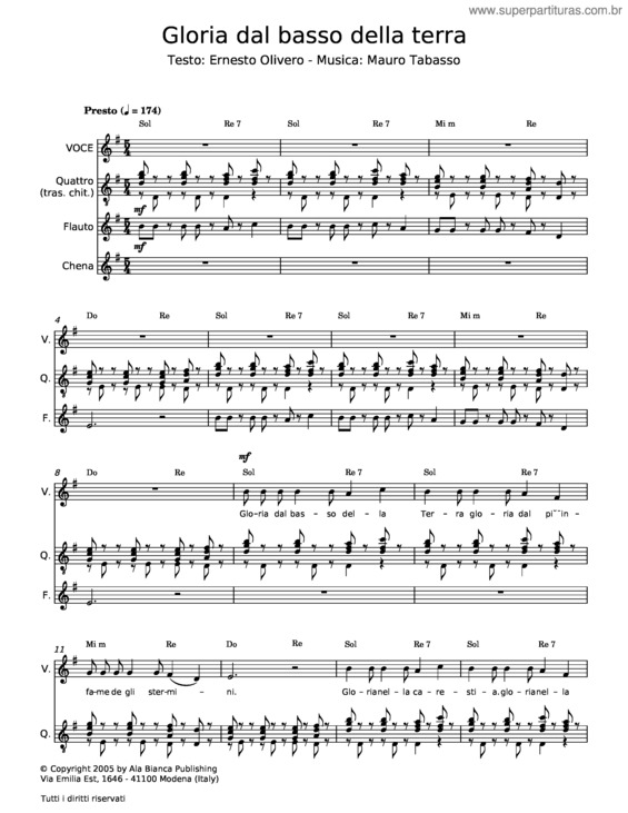 Partitura da música Gloria Dal Basso Della Terra – Ernesto Olivero;Mauro Tabasso