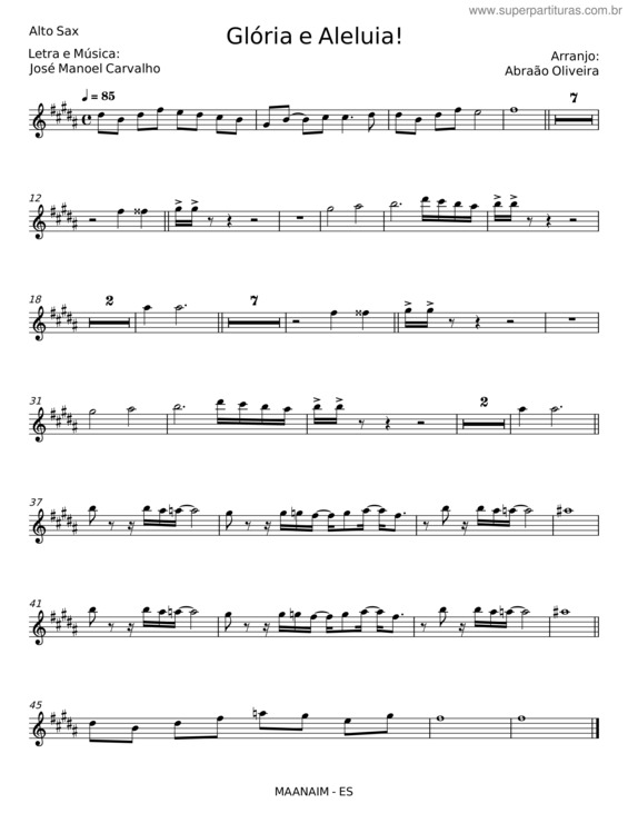 Partitura da música Glória E Aleluia – José Manoel Carvalho v.2