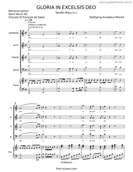 Partitura da música Gloria In Excelsis Deo – Wolfgang Amadeus Mozart;Henri Kevin Idi;François De Sales