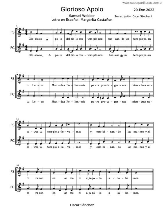 Partitura da música Glorioso Apolo – Samuel Webber