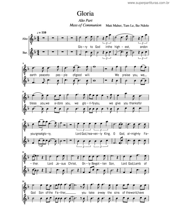 Partitura da música Glory To God, Gloria, Alto Part, Mass Of Communion, Matt Maher