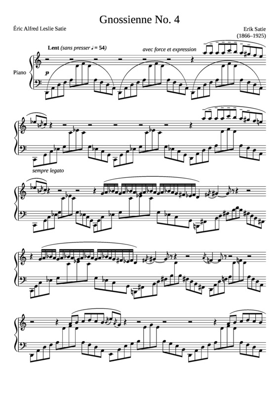 Partitura da música Gnossienne No. 4