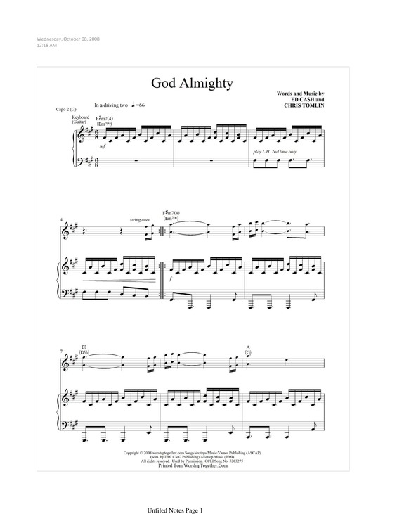Partitura da música God Almighty