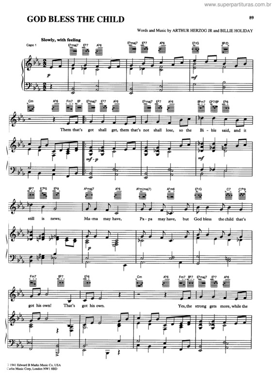 Partitura da música God Bless The Child