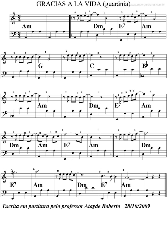 Partitura da música Gracias a La Vida (Guarãnia)