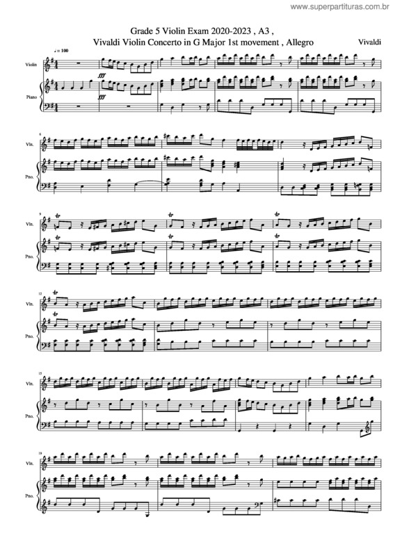 Partitura da música Grade 5 Violin Exam 2020–2023 , A3 , Vivaldi Violin Concerto In G Major 1St Movement , Allegro