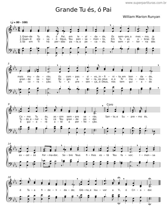Partitura da música Grande Tu És, Ó Pai