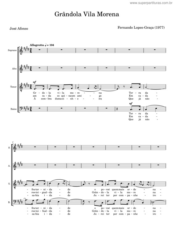 Partitura da música Grândola Vila Morena – Fernando Lopes–Graça