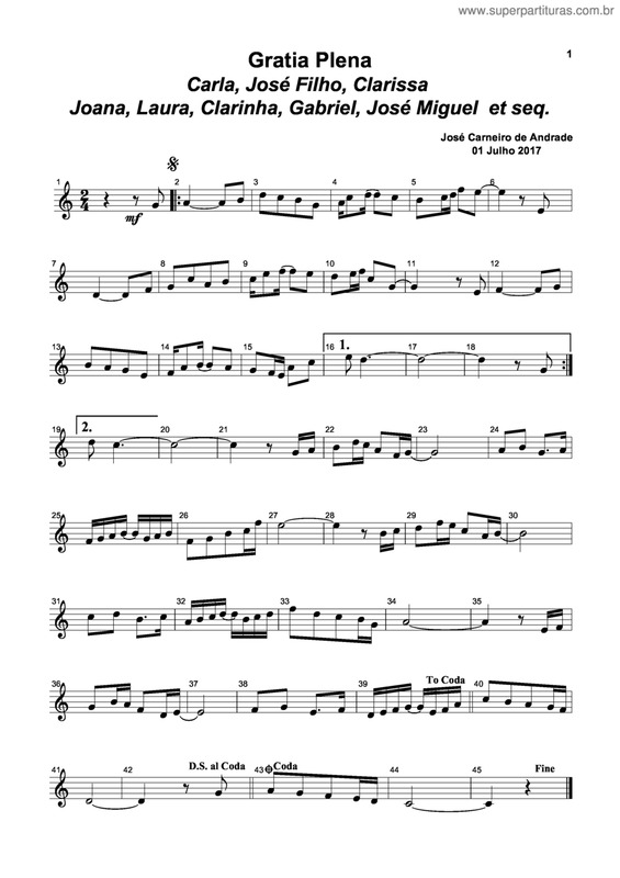 Partitura da música Gratia Plena