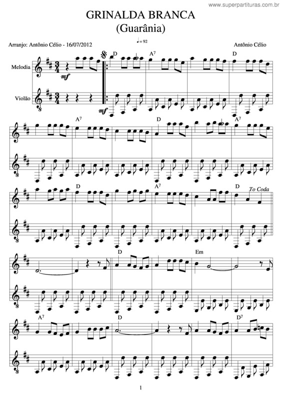 Partitura da música Grinalda Branca