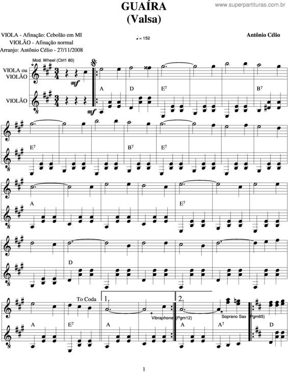 Partitura da música Guaíra