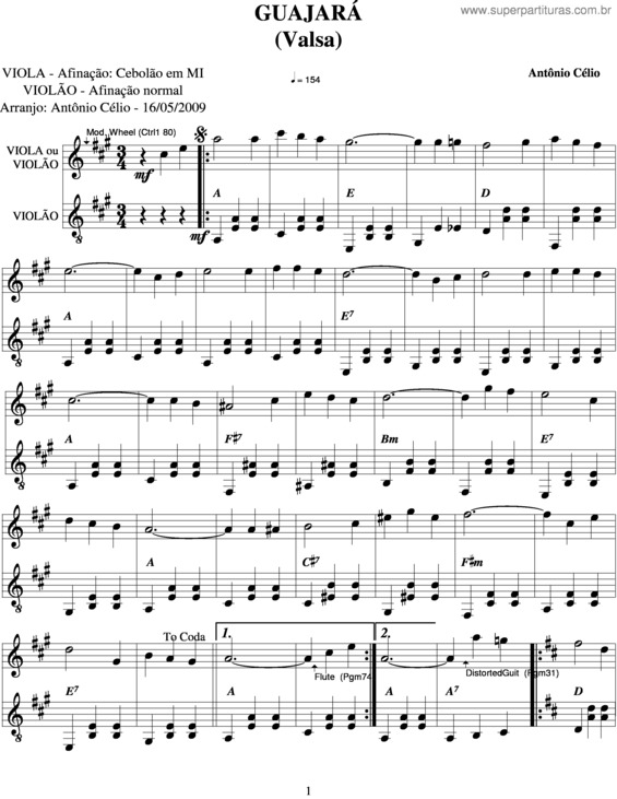 Partitura da música Guajará