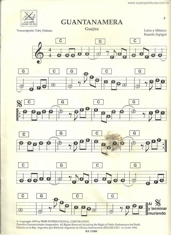 Partitura da música Guantanamera v.3