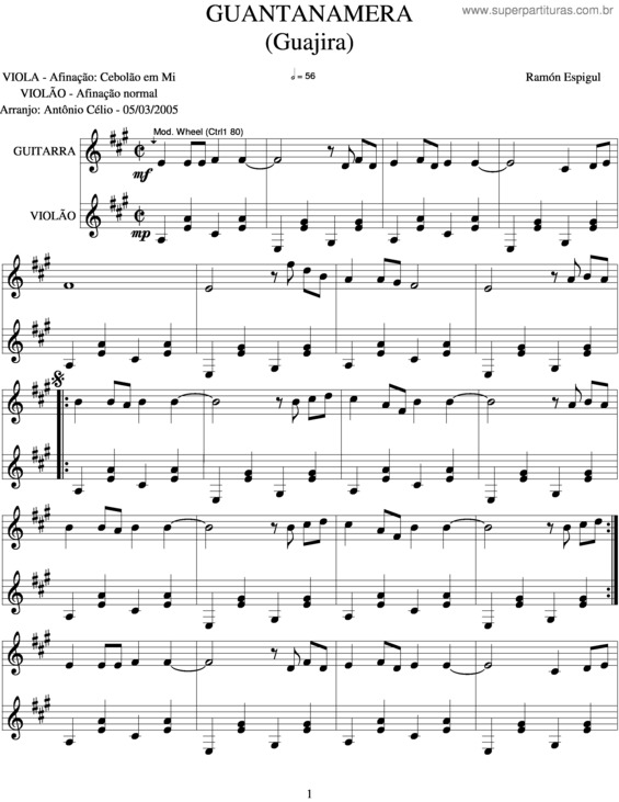 Partitura da música Guantanamera