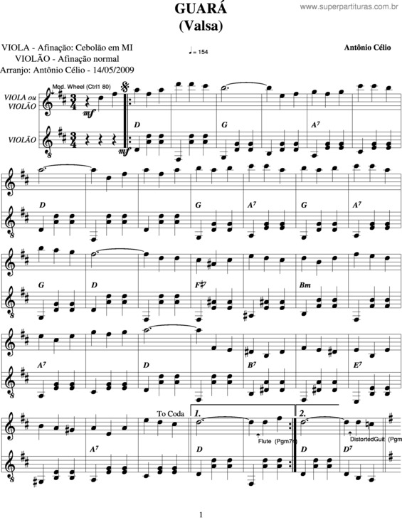 Partitura da música Guará