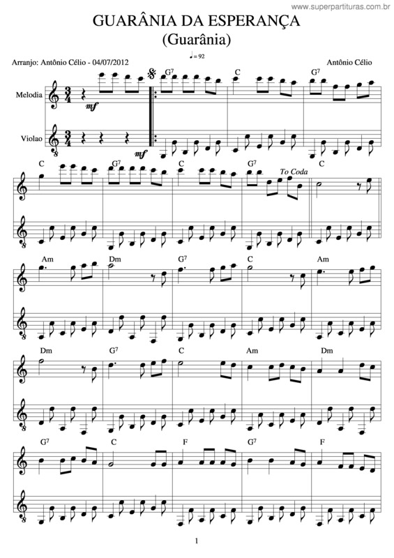 Partitura da música Guarânia Da Esperança