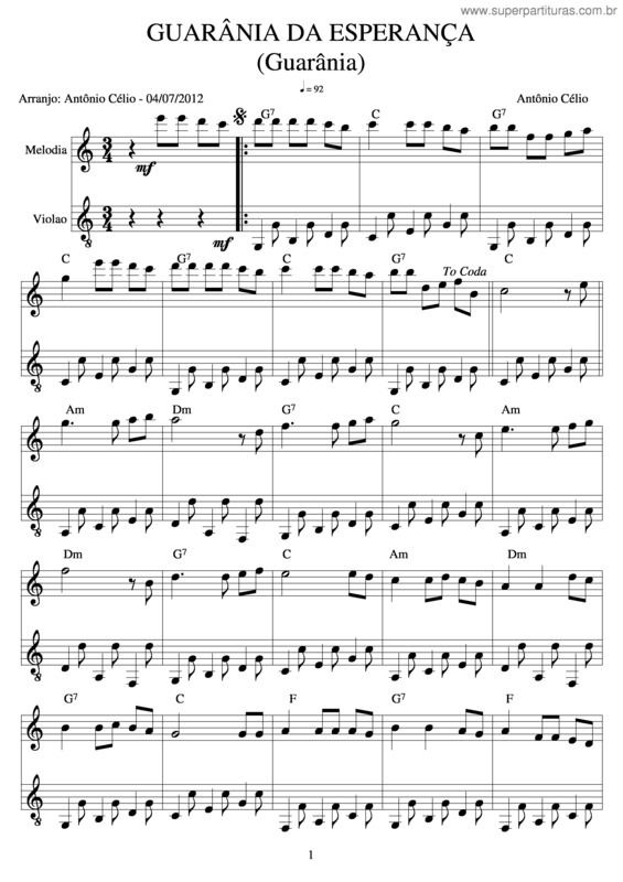 Partitura da música Guarânia Da Esperança