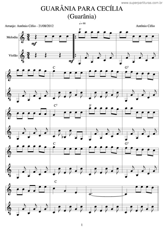 Partitura da música Guarânia Para Maria Cecília