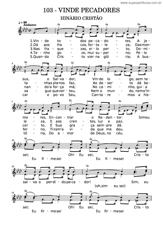 Partitura da música H.C. 419. Vinde, Pecadores 103 – Vinde Pecadores