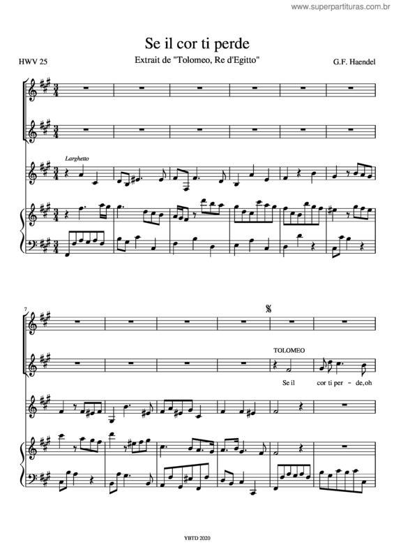 Partitura da música Haendel – Tolomeo, Re D`Egitto – Se Il Cor Ti Perde  Duo