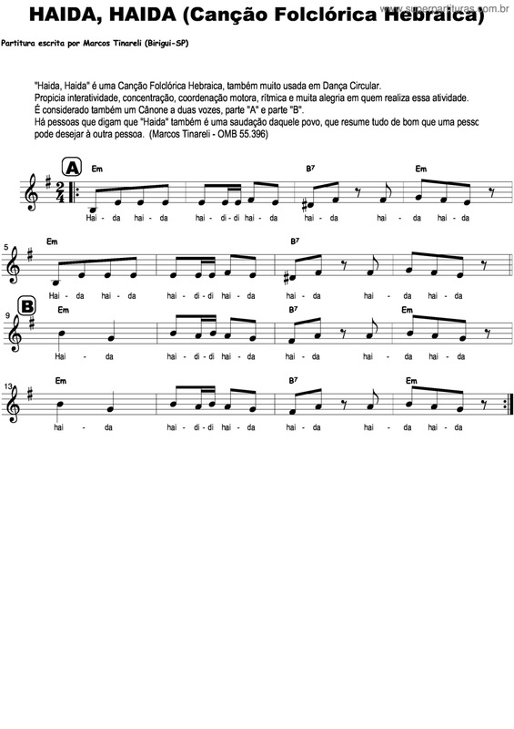 Partitura da música Haida, Haida (Canção Folclórica Hebraica)