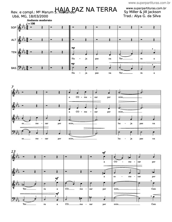 Partitura da música Haja Paz Na Terra – Sy Miller & Jill Jackson