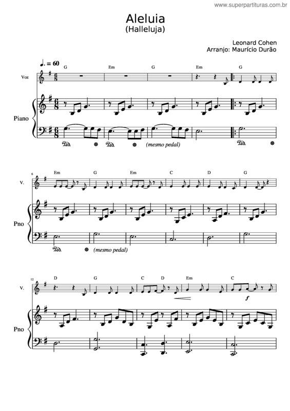Partitura da música Hallelujah – Leonard Cohen