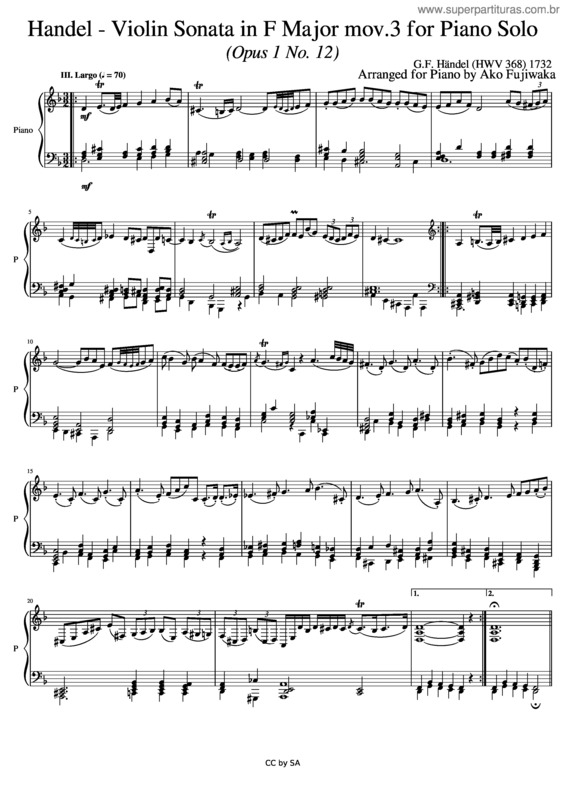 Partitura da música Handel – Violin Sonata In F Major Mov.3 For Piano Solo