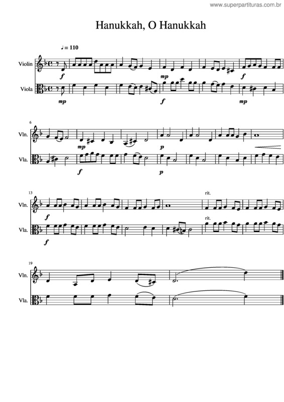 Partitura da música Hanukkah, O Hanukkah Duet For Violin And Viola