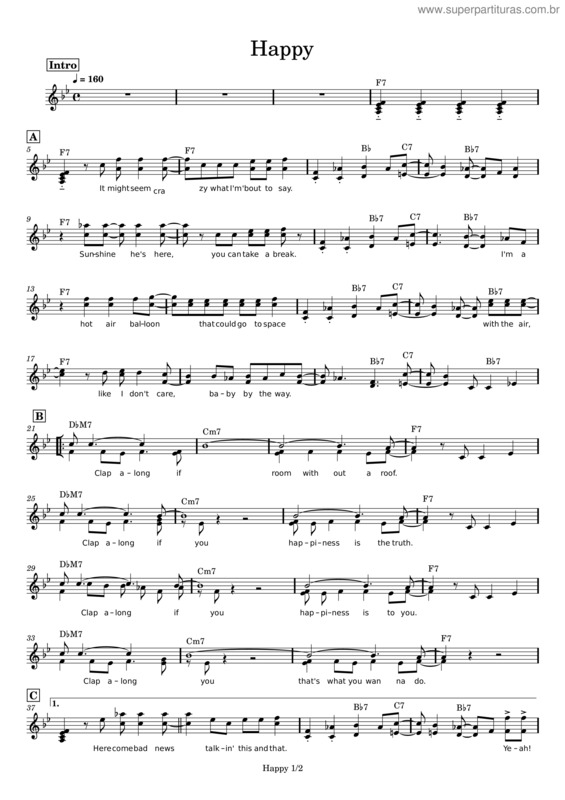 Partitura da música Happy – Pharrell Williams