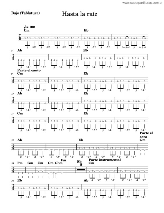 Partitura da música Hasta La Raiz – Natalia Lafourcade Hasta La Raíz–Bajo  Tablatura