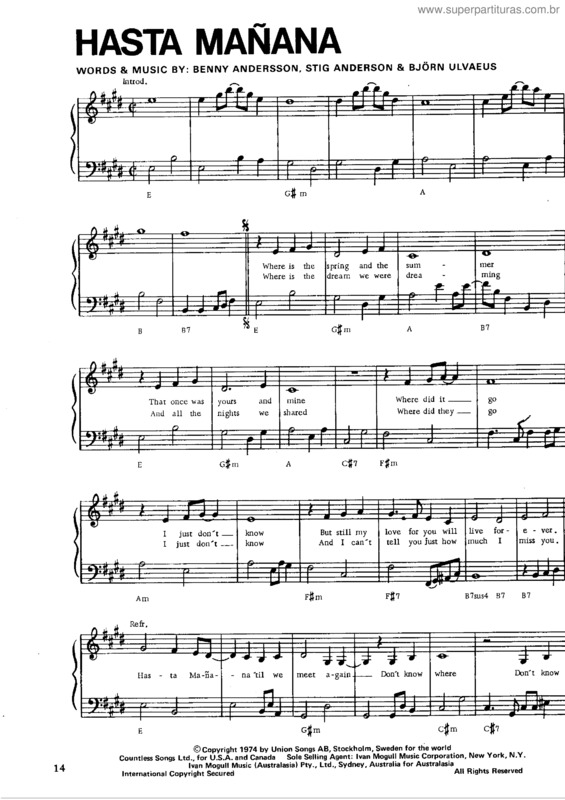 Partitura da música Hasta Mañana