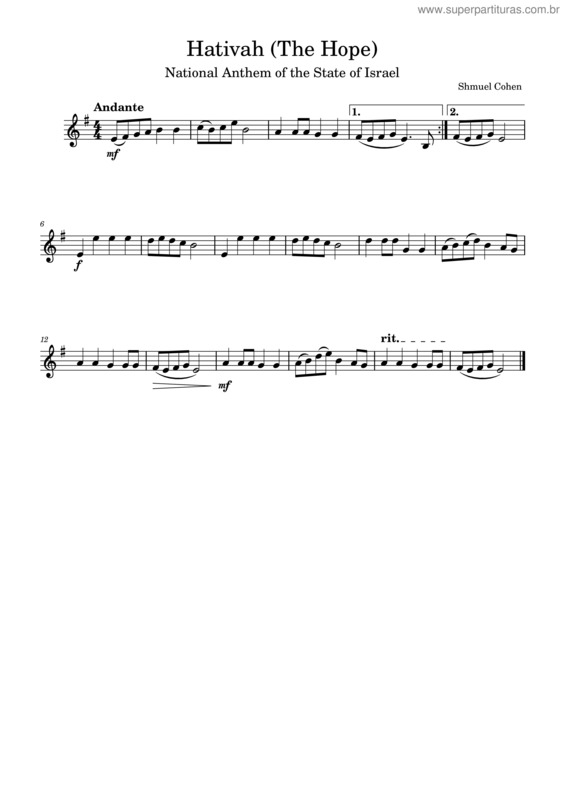Partitura da música Hatikvah – Samuel Cohen – Clarinet