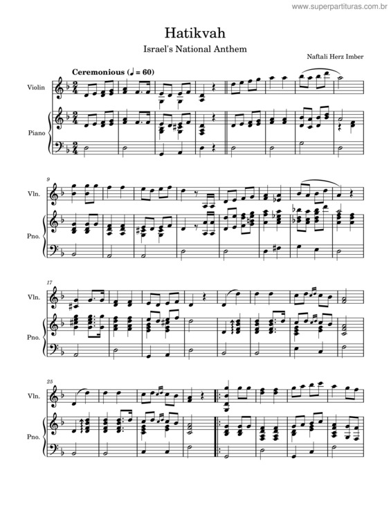 Partitura da música Hatikvah – Samuel Cohen Arr. Jonathan Offer