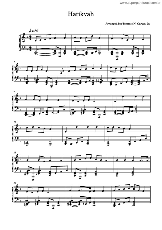 Partitura da música Hatikvah – Samuel Cohen